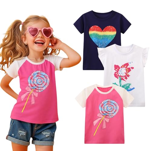 HILEELANG Toddler Girls' Short Sleeve Tees Shirts Ruffle Cotton Casual Graphic Summer Crewneck Jersey Tunic Tops 4T