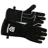 Leather Barbecue Gloves by LeaSeek - Heat Resistant & Flame Retardant Welding Gloves & Fireplace Gloves & Grill Gloves & BBQ Gloves, Heavy duty, Black - 14 