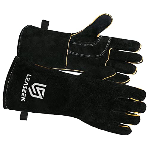 Leaseek Welding Gloves, Heat/Fire Resistant Leather Barbecue Gloves,Mitts For Fireplace,Bbq,Welder,Grill,Oven,Stove,Tig #TOP27