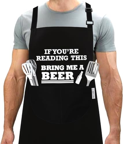 LINEN CLOSET® Adjustable Bbq Aprons for Men Funny Chef Cooking Aprons Kitchen Grilling Gifts for Dad Son Father Husband 2 Pockets- Bring me a beer apron