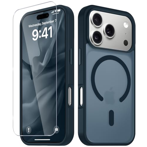 Image of YENAPOON for iPhone 17 Pro Case, Matte Magnetic Phone Cover [with 1 Screen Protector] [Support for MagSafe] [Shockproof Military Grade Protection] Translucent Frosted Back, Navy Blue