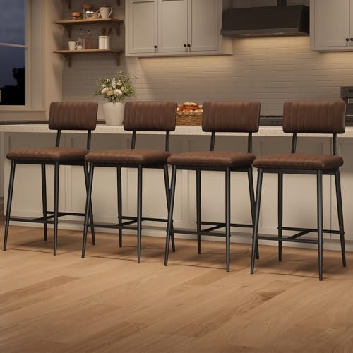 Butacos IDEALHOUSE, Set de 6 unidades, con respaldo y reposapiés, altura para barra, asiento acolchado grueso y patas metálicas reforzadas, color marrón miniatura 4