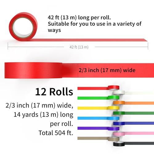 Image of CHIYUNS Colored Masking Tape, Color Painters Tape for Kids, 12 Rolls 2 /3 inch Wide x 14 Yards Each, Colorful Paper Tapes Rainbow Colors for Labeling Packing, Painter Tape Variety Pack, Craft Tape