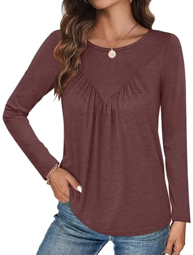 Bliwov Womens Long Sleeve T Shirts Fall Fashion Outfits Casual Blouses Loose Fit Tops Crew Neck Ruched Tunic Trendy Clothes