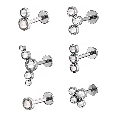 Piercingpops 6PCS 16G Tiny CZ Crystal Labret Piercing Stainless Steel Tragus Helix Lip Monroe Body Piercing Stud (6pcs Crystals Style) (Crystals Style) Cover