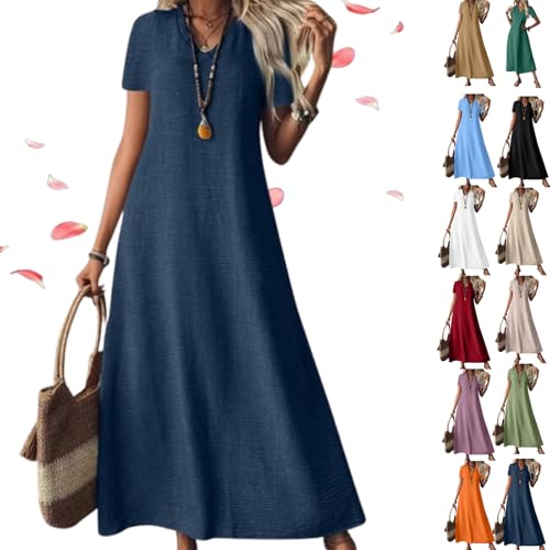 Generico Linen Dress Women Sleeveless V Neck Tunic Boho Maxi Dress, Casual Summer Modest Long Flowy Beach Vacation Sun Dresses (Dark Blue,XL)