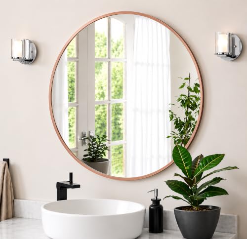 Image of The Arts Box Round Decorative Wall Mirror | Metal Finish Frame with Timeless Design for Bathroom, Living Room, Bedroom, Vanity Mirror (Rose Gold 24 Inch)