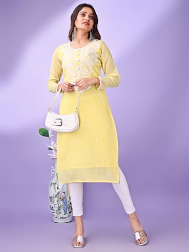 Image of HESVI Women's Georgette White Lakhnavi Chikankari Kurti with Intricate Embroidery Work