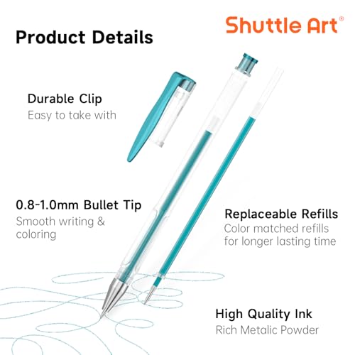Shuttle Art 50 Pack Metallic Gel Pens, 25 Metallic Gel Pens Set with 25 Refills Perfect for Adult Coloring Books Doodling Drawing Art Markers