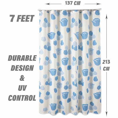 Image of Shower Curtain 7 Feet | Waterproof PVC Printed Bathroom Curtain with 8 Rings | Transparent Stone Print Bathtub Curtain | Extra Long Bathroom Liner, Waterproof & Easy to Clean (Blue Rose,Pack Of 2)