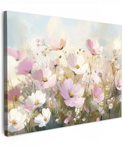 MuchoWow© Impression sur Toile Decoration Murale Peinture 80x60 cm Tableaux Decoratifs Muraux Déco Chambre Tableau Salon Champ de fleurs - Tons clairs - Peint