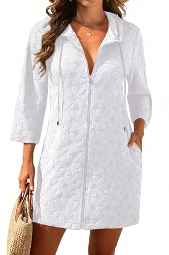Yonique Terry Cloth Cover Up - Long Sleeve Cover Swimsuit Hooded Zipper Beach Cover-up with Pockets White M