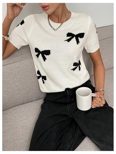GORGLITTER Women's Bow Knit Tops Short Sleeve Lightweight Sweater Spring Fashion 20254