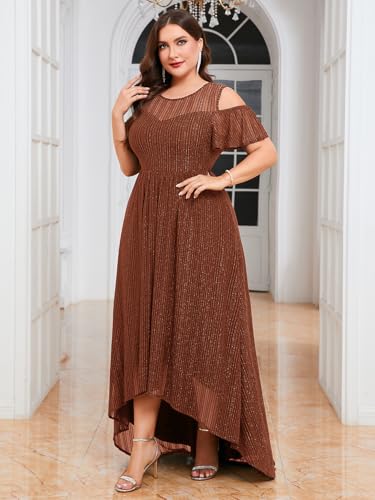 Image of ZOMVA Plus Size Sparkly Mesh Maxi Dress Cold Shoulder Ruffle Sleeve High Low A Line Dresses Wedding Guest Cocktail Party