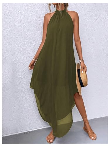 Image of Verdusa Women's Wedding Guest Dress Halter Flowy Chiffon Long Dresses | Cocktail Dress, Asymmetrical Dress for Women, Sleeveless, Prom Dress, Cruise Outfits, Boho