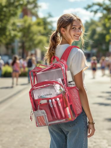 Image of Clear Backpack for School, Heavy Duty Transparent Bookbag | Reinforced Biuld, 0.5mm Thick PVC, Padded Straps, 6 Pockets, Fits Boys /Girls /Adults, for College Work Travel