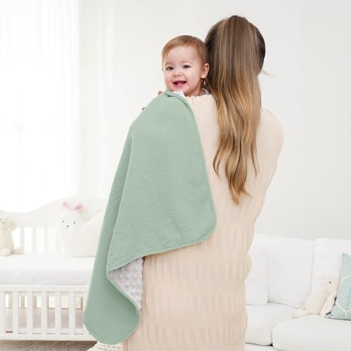 Image of Susurration Baby Blanket for Unisex Boys Girls, 2 Pack Soft Fluffy Crib Blankets with Muslin Cotton Front and Dotted Fleece Back, Receiving Blanket for Baby Newborn Infant, 30x40inch, Green&Cream