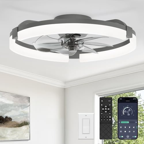 Image of LEDIARY 20 inch Ceiling Fans with Lights and Remote, Modern Low Profile Ceiling Fan, 3 CCT, Stepless Dimmable, Fandelier Flush Mount Fan Light, 6 Speeds, DC Motor, App & Remote Control for Bedroom(Gray)
