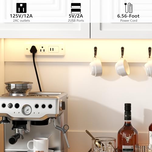 Image of 71 inch White Kitchen Pantry with Power Outlet & LED Light, Large Kitchen Hutch Cabinet with Adjustable Shelf, Modern Buffet Cabinet with 8 Doors, Food Pantry Storage for Dining Room (White 8 Doors)