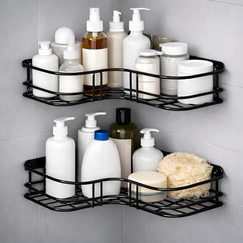 DALUCI Set of 2 Metal Bathroom Corner Shelf Rack | No Drilling Self Adhesive Wall Mounted Storage Organizer for Bathroom & Kitchen | Rustproof Bathroom Shelves (8 & 9 INCH, Black)