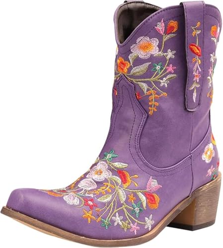 Cowboy Boots for Women Ankle Cowgirl Floral Embroidery Stitched Chunky Heel Pointy Toe Retro Western Boots