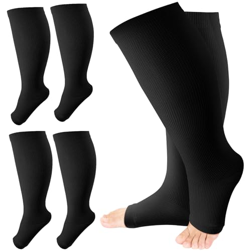 Image of 2 Pairs Plus Size Compression Socks,15-20mmHg Open Toe Compression Stockings,Toeless Wide Calf Knee Compression Sock for Circulation Support