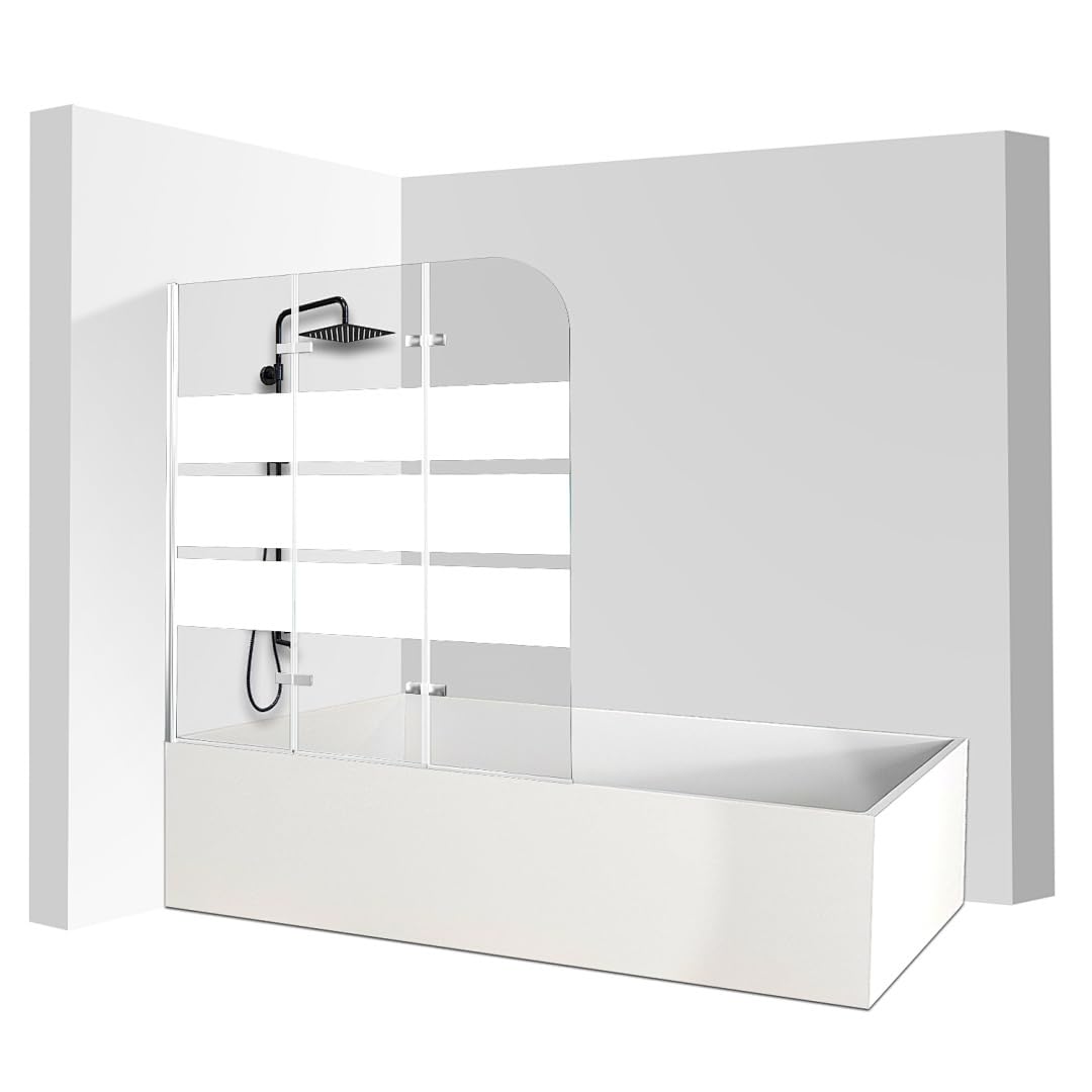 Vasca da bagno 120 x 140 cm, 3 pezzi, pieghevole, parete doccia per vasca da bagno in vetro di sicurezza ESG da 6 mm, con strisce bianche, rivestimento nano, paraspruzzi, argento