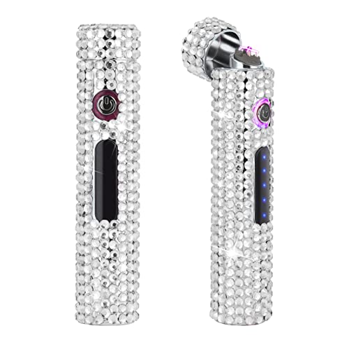 Encendedores eléctricos Recargables por USB, Mini Tira cilíndrica con Purpurina Brillante sin Llama, Resistente al Viento, Color Blanco Cover