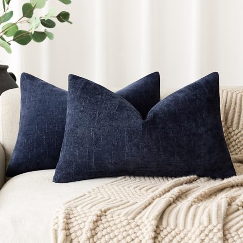 Image of Foindtower Pack of 2 Soft Textured Throw Decorative Pillow Covers Lumbar Accent Solid Cushion Cover Cozy Farmhouse Pillow Case with Zipper for Couch Sofa Bedroom Living Room 12x20 Inch, Navy