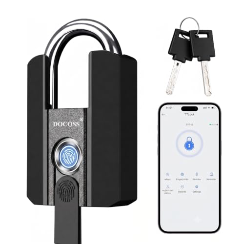 Image of DOCOSS Fingerprint Door Lock, Heavy-Duty Smart Padlock, Fingerprint Lock with 3-Way Unlock (Fingerprint /App /2 Keys),USB Rechargeable, Waterproof Lock for Suitcase,Home, Office, Gym Locker, Gate