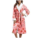 yiouyisheng Bademantel Damen Erdbeere Hund Rentier Muster Nachthemd Herbst Winter Langarm Plüsch Morgenmantel Lang Bathrobe Hausmantel Nachtwäsche Pajamas Bademantel mit Gürtel