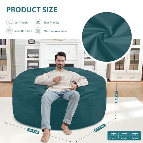 5FT Bean Bag Chair, Large Bean Bag Chairs with Memory Foam Filled, Fluffy Beanbag Sofa with Dutch Velvet Cover, Round BeanBag Chairs for Living Room, Playroom- Sea Blue