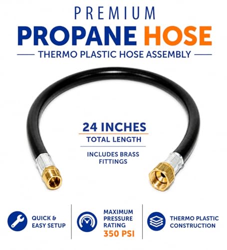 Image of Flame King 24-inch Propane Thermo Plastic Hose Assembly, 3 /8-inch ID, 3 /8-inch MPT X 1 /2-inch Female Flare, for RVs and Travel Trailers