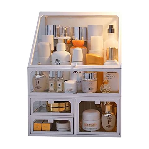 MOOCHI White Vintage Glass Cosmetic Makeup Organizer 3 Drawers Set Dust Waterproof Cosmetics Storage Display Case Countertop for Brushes Lipsticks Jewelry Cover