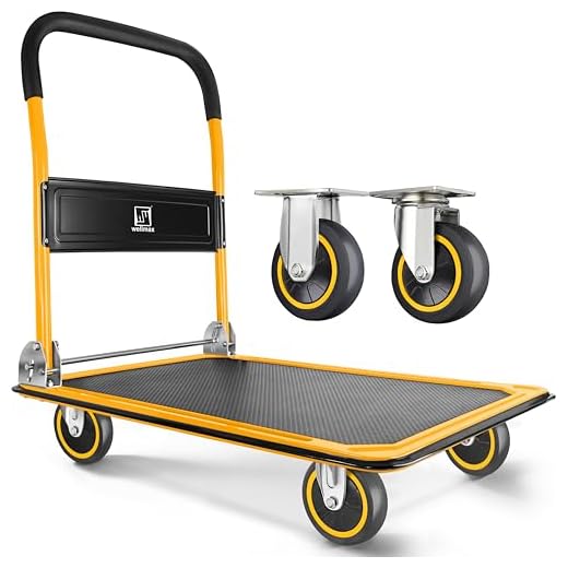 Push Cart Dolly by Wellmax, Moving Platform Hand Truck, Foldable for Easy Storage and 360 Degree Swivel Wheels with 330lb Weight Capacity, Yellow Color