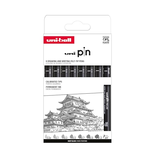 uni-ball - Mitsubishi Pencil - Pochette de 8 Feutres Uni Pin - Pointes Calibrées Ultra-Fines à Larges et Brush - Encre Noire - Impair