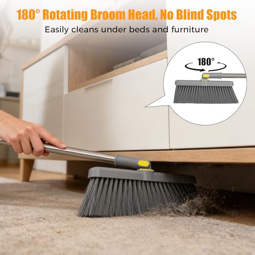 Image of Upgrade Broom and Dustpan Set 180 Rotatable Head with 61 inch Extra Long Adjustable Handle Self-Cleaning Dustpan Teeth&Zero Gap Indoor Outdoor Sweeping for Home Kitchen Office Pet Hair-Gray&Yellow