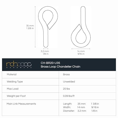 Image of RCH Hardware CH-20L-PN-3 Decorative Solid Brass Chain for Hanging Large Light Unwelded Wire (3 ft /1 Yard) (Polished Nickel)