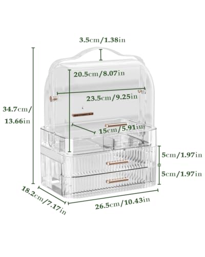 Image of LINFIDITE Cosmetics Storage Box Transparent Lid Large Makeup Organizer Box Drawers Portable Handle Waterproof Dustproof Skincare Display Cases for Countertop, Bathroom, Dresser, PET,Clear Green