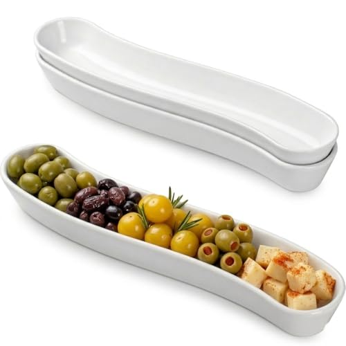 Dizada Olive Plates 3-Pack 12' - White Porcelain Long Arc Boat Trays, Ceramic Appetizer Platter for Charcuterie, Snacks, Entertaining, Dishwasher Microwave Oven Safe