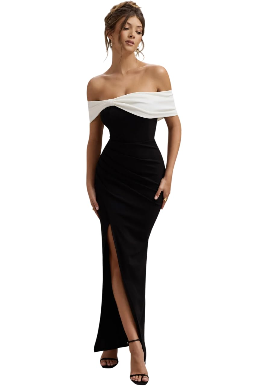 clafoutis Women Bardot Bow Detail Bodycon Dress with Thigh Split-picture-11