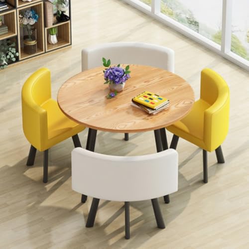 Image of Round Faux Marble Reception Table and Chairs Set, Dining Table Set for 4, Space Saving Reception Desk for Home and Apartment, Office, Conference Room, Lounge
