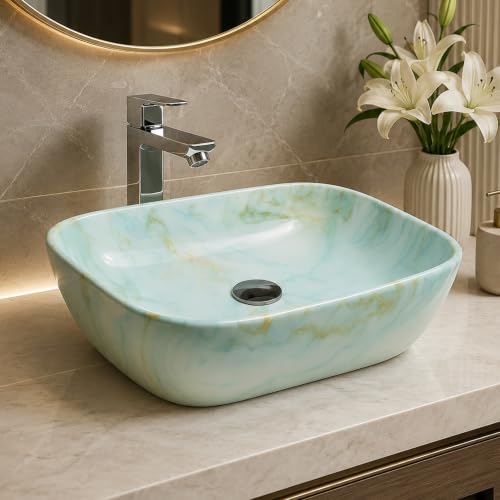 Image of Ceramic Tabletop Wash Basin - Glossy Rectangular Countertop Vessel Sink with Marble Finish for Bathroom & Vanity | Compact 18 x 13 x 5 Inch | Elegant Washbasin