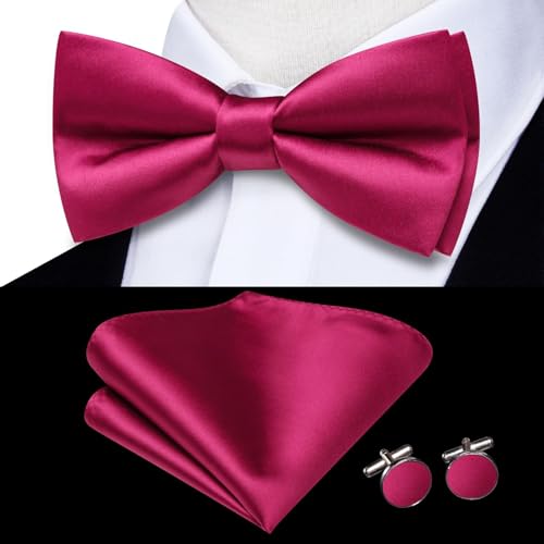 Image of Hi-Tie 5Pcs Mens Solid Color Silk Tie Satin Pretied Bowtie Lapel Pin for Men Handkerchief Cufflink Wedding Gift Box
