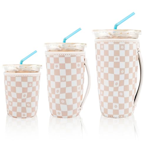 Image of KJQJLY 3 Pack Reusable Iced Coffee Sleeves for Iced Coffee Cups or Drinks Reusable Neoprene Insulated Sleeves for Hot and Cold Drinks from Starbucks, Dunkin, And More (Floral Checkers)