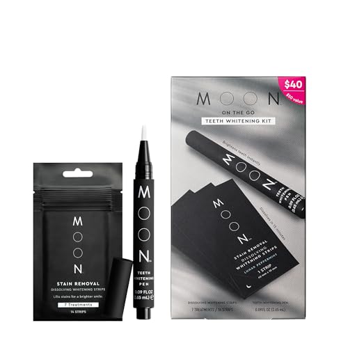 Image of MOON On-The-Go Teeth Whitening Kit, 14 Peppermint Dissolving Strips + 0.09 Fl Oz Vanilla Mint Pen, Remove Stains & Whiten Teeth up to 7 Shades in 2 Weeks, Travel Essentials, Vegan