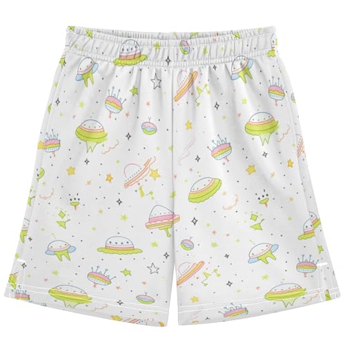 Boys Athletic Shorts with Pockets Cute Spaceship Sketches Running Basketball Shorts for Youth Elastic Waist Size 7-8