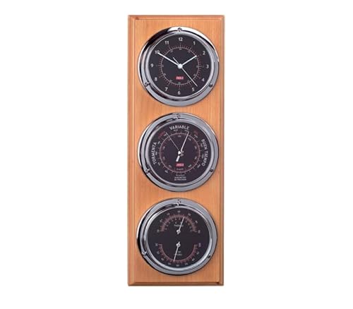 Stazione meteorologica nautica, barometro e stazione meteorologica in legno orologi sfondo nero, nautica 40cm, stazione meteo interna esterna. 3 orologi, barometro, igrometro, termometro.