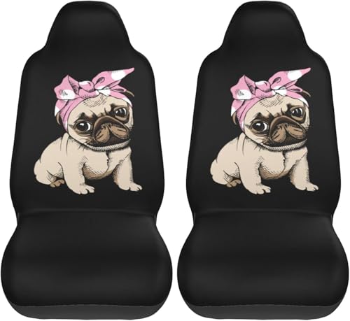 萌えグッズ パグ 犬柄 シートカバー 2枚 前席 防汚 カーシートカバー シートエプロン クッション 軽自動車 普通車 ブラック 運転席 助手席 座席 おしゃれ 車用 シート カバー プレゼント W106