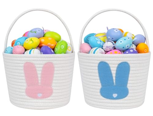 CubesLand Easter Bunny Basket Set for Kids, Babies, 2-Piece Easter Egg Hunt Baskets for Girls, Boys, Soft & Durable Cotton Rope Empty Gift Basket, Festive Decor & Gift Ideas, Small